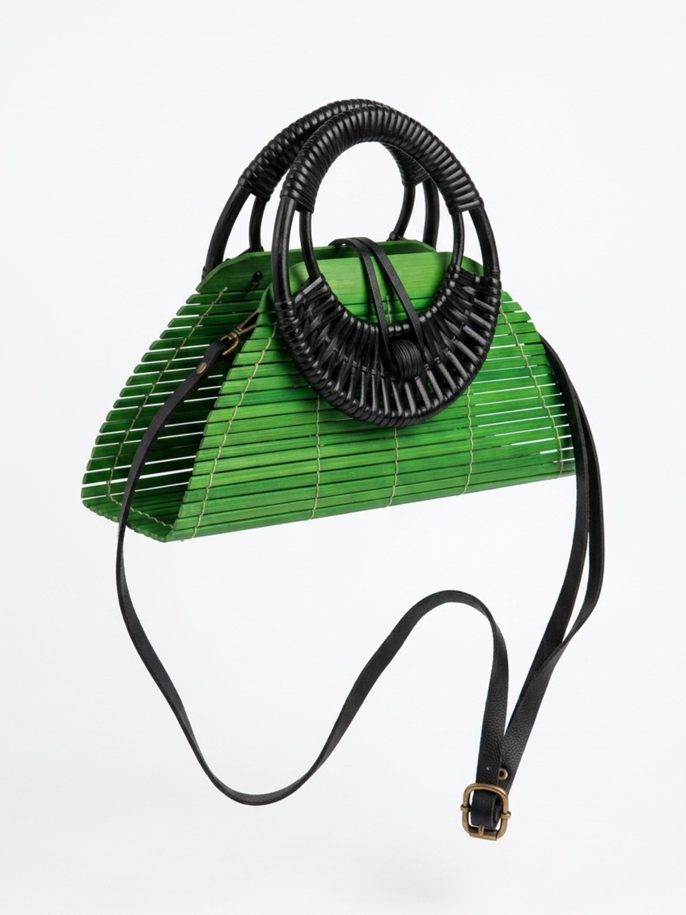 Handmade Green Bamboo Woven Handbag with Black Handles with Removable Straps